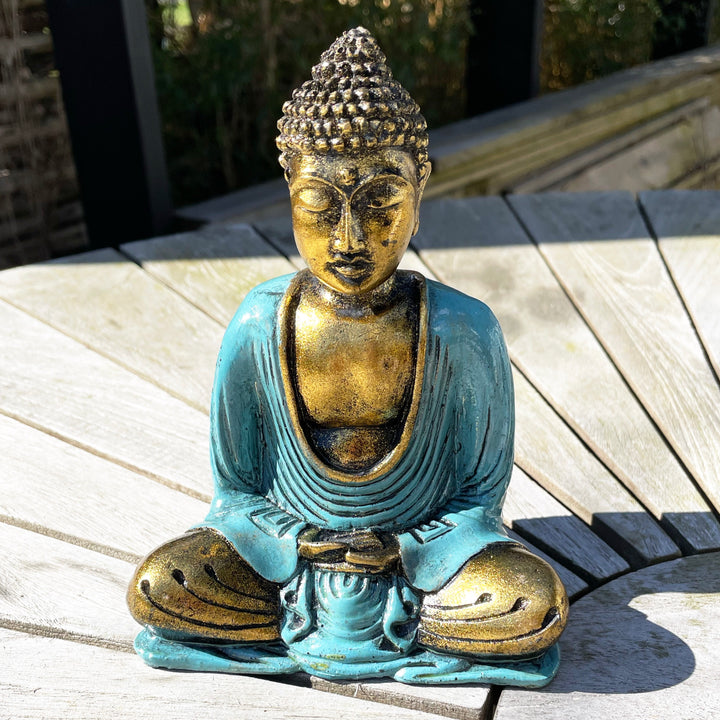 Håndmalet Buddha i guld og mintgrøn
